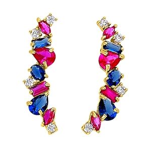 Solid 14K Yellow Gold Stone Medley Blue Sapphire, Ruby, & Clear CZ Earrings